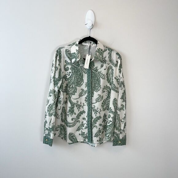 Commense Paisley Print Button Down Shirt Green Cream Boho Chic Size Large NWT's - Picture 5 of 15